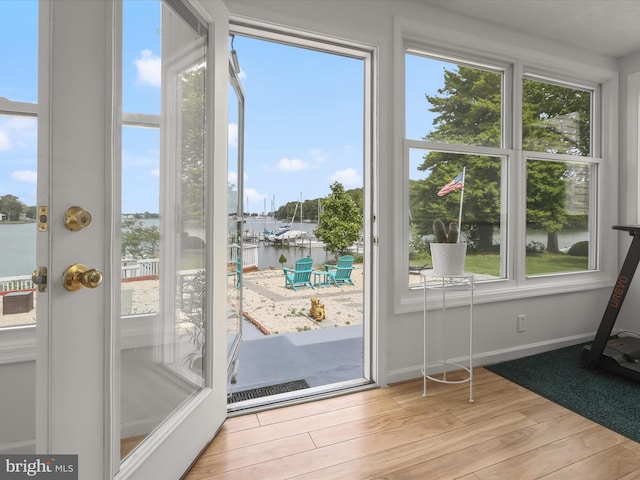 doorway to outside featuring a water view and plenty of natural light