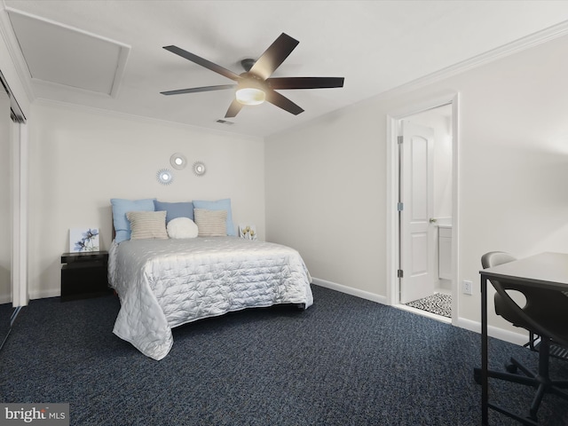 bedroom featuring carpet floors, ornamental molding, baseboards, ceiling fan, and ensuite bath