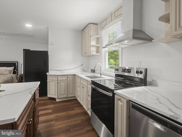 kitchen featuring wall chimney range hood, stainless steel appliances, open shelves, a sink, and recessed lighting