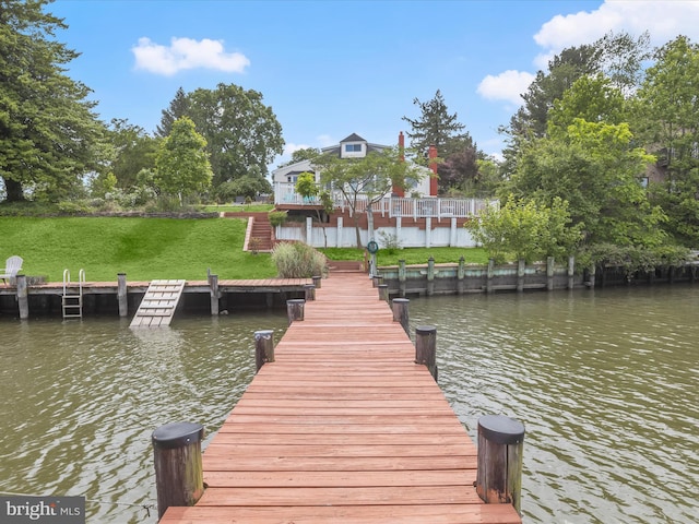 dock featuring a water view and a lawn
