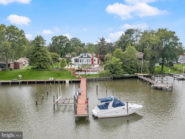 dock area with a water view and view of scattered trees
