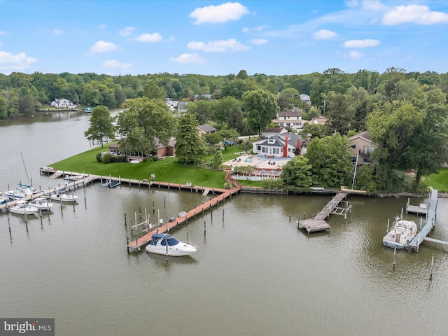 aerial view of a nearby body of water and a tree filled landscape