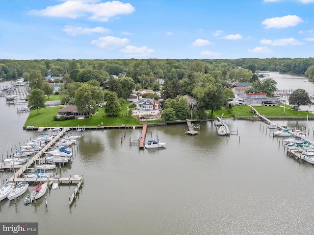 drone / aerial view of a marina and a nearby body of water