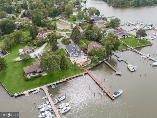 bird's eye view of a marina and a nearby body of water