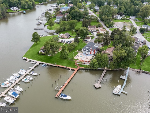 aerial view of a large body of water and a marina