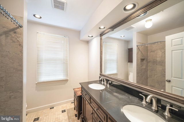 312 Fairgrove Ter, Gaithersburg, MD 20877 - bathroom with double vanity, tiled shower, and recessed lighting