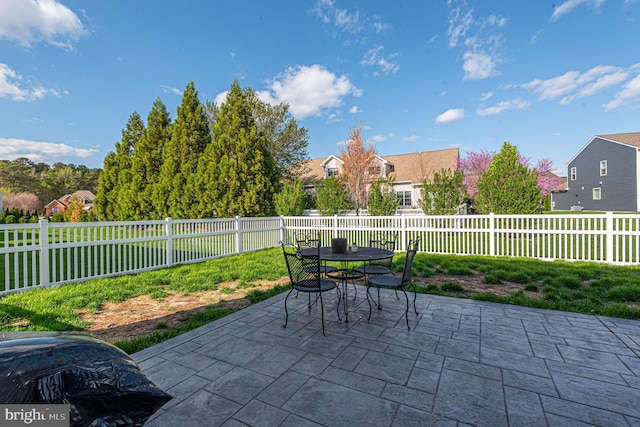417 Lena Ln, Fruitland, MD 21826 - view of patio featuring a fenced backyard, a residential view, and outdoor dining area