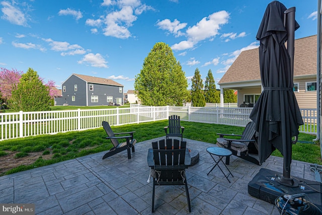 417 Lena Ln, Fruitland, MD 21826 - view of patio featuring a fenced backyard, a residential view, and an outdoor fire pit