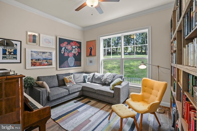 interior space featuring wood finished floors, ornamental molding, ceiling fan, and plenty of natural light