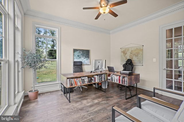 office area featuring a ceiling fan, a wealth of natural light, ornamental molding, and wood finished floors