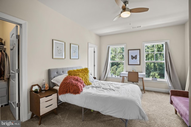carpeted bedroom with a closet, a spacious closet, ceiling fan, baseboards, and visible vents