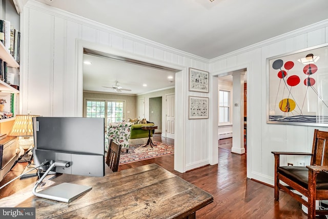 213 Pine Tree Rd, Wayne, PA 19087 - office area with ornamental molding, a decorative wall, wood finished floors, decorative columns, and a baseboard heating unit