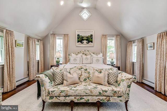 213 Pine Tree Rd, Wayne, PA 19087 - bedroom featuring a baseboard radiator, wood finished floors, and vaulted ceiling