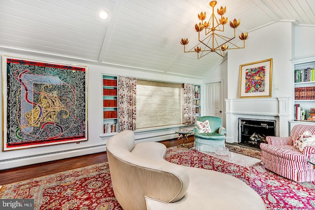 213 Pine Tree Rd, Wayne, PA 19087 - living room with wooden ceiling, wood finished floors, baseboard heating, a chandelier, and a fireplace