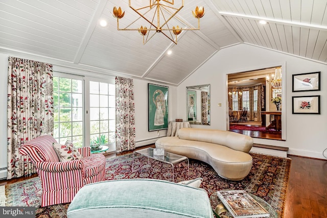 213 Pine Tree Rd, Wayne, PA 19087 - living area featuring a chandelier, lofted ceiling, wood finished floors, wood ceiling, and a baseboard radiator