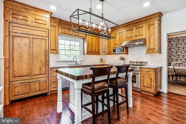 213 Pine Tree Rd, Wayne, PA 19087 - kitchen with under cabinet range hood, stainless steel appliances, a chandelier, backsplash, and recessed lighting