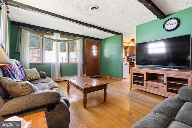 living room with wood finished floors, a textured ceiling, baseboards, beam ceiling, and visible vents