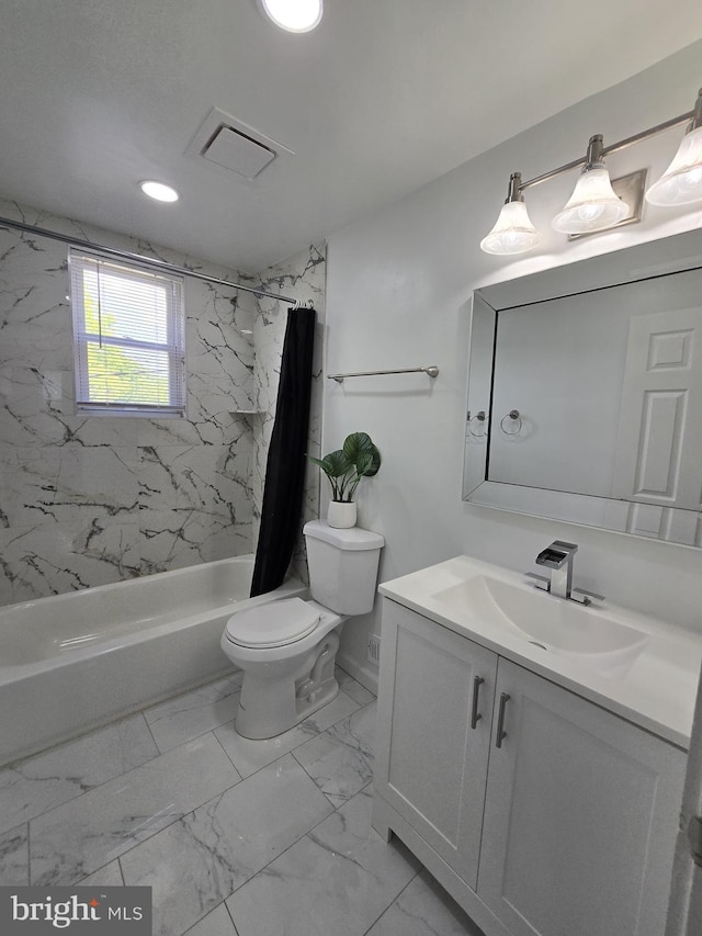 bathroom with vanity, toilet, marble finish floor, recessed lighting, and shower / tub combo