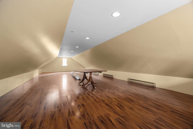 6068 Stoney Hill Rd, New Hope, PA 18938 - additional living space featuring visible vents, recessed lighting, lofted ceiling, wood finished floors, and a baseboard radiator
