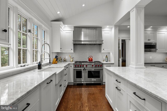 6068 Stoney Hill Rd, New Hope, PA 18938 - kitchen with stainless steel appliances, a sink, vaulted ceiling, recessed lighting, and wall chimney range hood