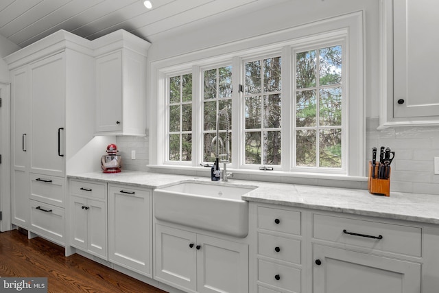 6068 Stoney Hill Rd, New Hope, PA 18938 - kitchen featuring backsplash, a sink, white cabinetry, and dark wood finished floors