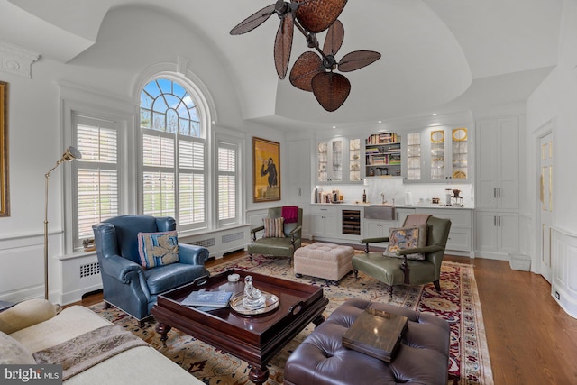 6068 Stoney Hill Rd, New Hope, PA 18938 - living room featuring wine cooler, wet bar, lofted ceiling, radiator heating unit, and ceiling fan