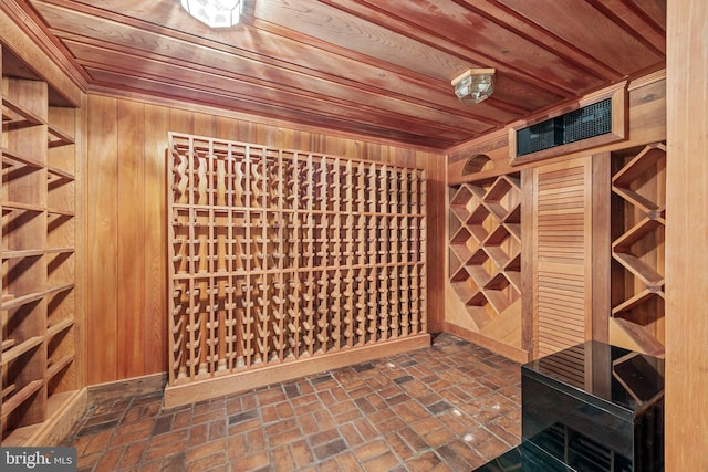 6068 Stoney Hill Rd, New Hope, PA 18938 - wine area with wood ceiling, brick floor, and wood walls
