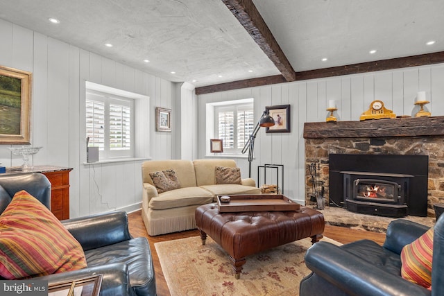 6068 Stoney Hill Rd, New Hope, PA 18938 - living area featuring wood finished floors, beam ceiling, and plenty of natural light