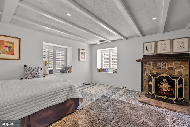 6068 Stoney Hill Rd, New Hope, PA 18938 - bedroom featuring baseboards, multiple windows, beamed ceiling, and recessed lighting