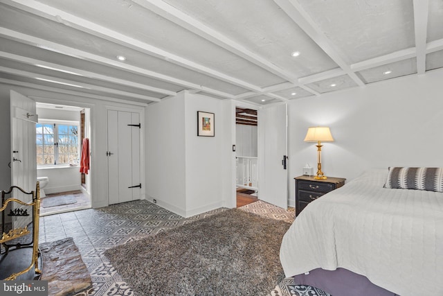 6068 Stoney Hill Rd, New Hope, PA 18938 - bedroom featuring baseboards, ensuite bathroom, beamed ceiling, and recessed lighting