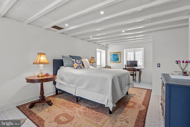6068 Stoney Hill Rd, New Hope, PA 18938 - bedroom with baseboards, beam ceiling, visible vents, and recessed lighting