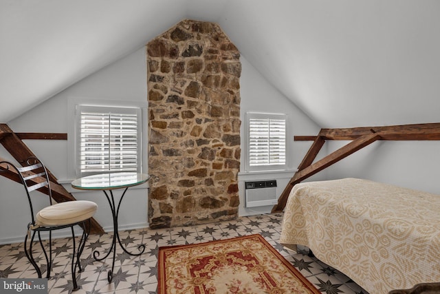 6068 Stoney Hill Rd, New Hope, PA 18938 - bedroom featuring lofted ceiling, baseboards, and a wall mounted air conditioner