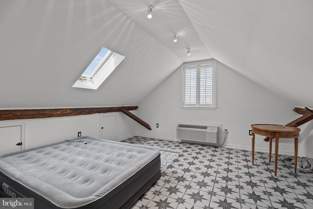 6068 Stoney Hill Rd, New Hope, PA 18938 - bedroom with light floors, baseboards, lofted ceiling with skylight, and a wall unit AC