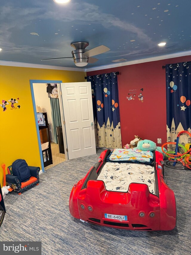 314 Senate Ct, Herndon, VA 20170 - carpeted bedroom featuring a ceiling fan, ornamental molding, and recessed lighting