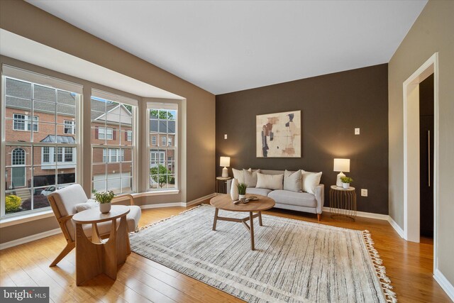 living area with wood finished floors and baseboards