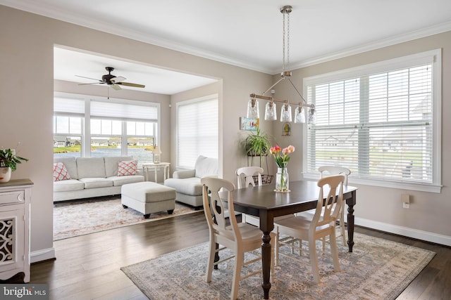 dining room with crown molding, baseboards, ceiling fan, and dark wood-style flooring