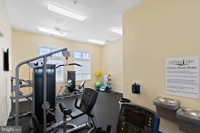 exercise room with ceiling fan