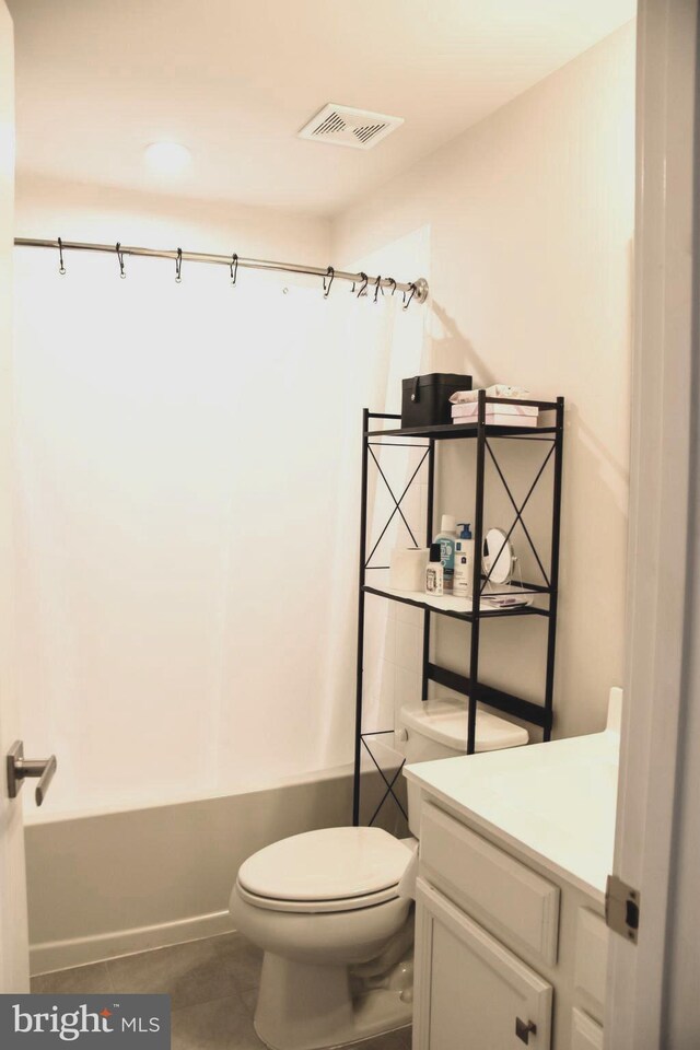 147 Burkwood Ter, Lake Frederick, VA 22630 - bathroom featuring vanity, shower / tub combo with curtain, tile patterned flooring, toilet, and visible vents