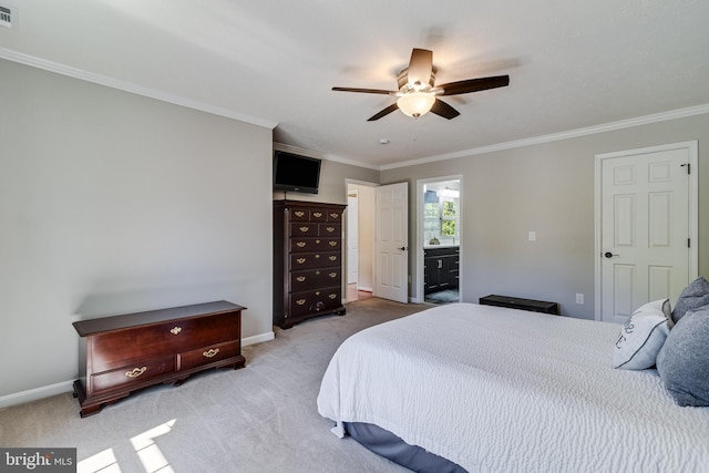 bedroom featuring carpet floors, baseboards, visible vents, and ornamental molding