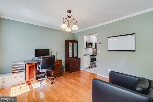 office area with baseboards, ornamental molding, light wood-style flooring, and a notable chandelier