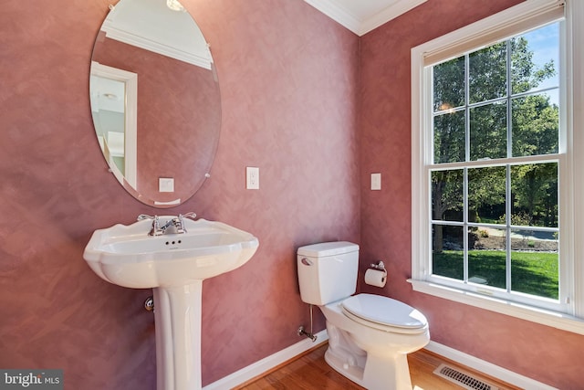 bathroom with baseboards, wood finished floors, a healthy amount of sunlight, and toilet