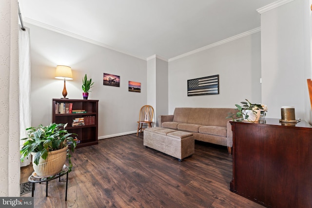 living area with crown molding, baseboards, and dark wood-style flooring