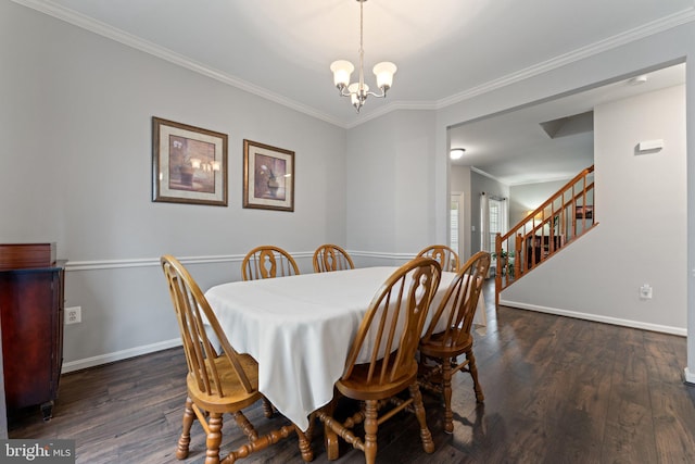 dining area featuring ornamental molding, stairs, wood finished floors, baseboards, and a notable chandelier