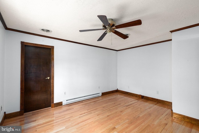 empty room with ceiling fan, visible vents, light wood-type flooring, baseboards, and a baseboard radiator