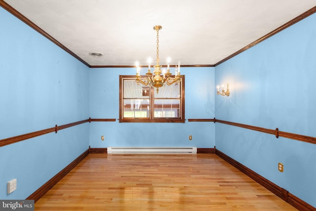 unfurnished room featuring crown molding, an inviting chandelier, baseboard heating, and light wood-style floors