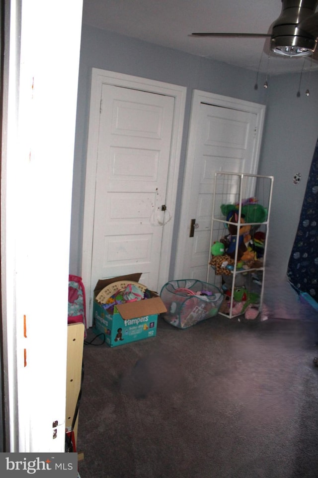 doorway with ceiling fan and carpet flooring