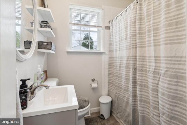 617 Franklin Ave, Cherry Hill, NJ 08002 - bathroom with toilet, vanity, a shower with shower curtain, and baseboards