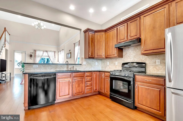 14 Goddard Dr, Cranbury, NJ 08512 - kitchen featuring black appliances, under cabinet range hood, a sink, brown cabinets, and light wood-style floors