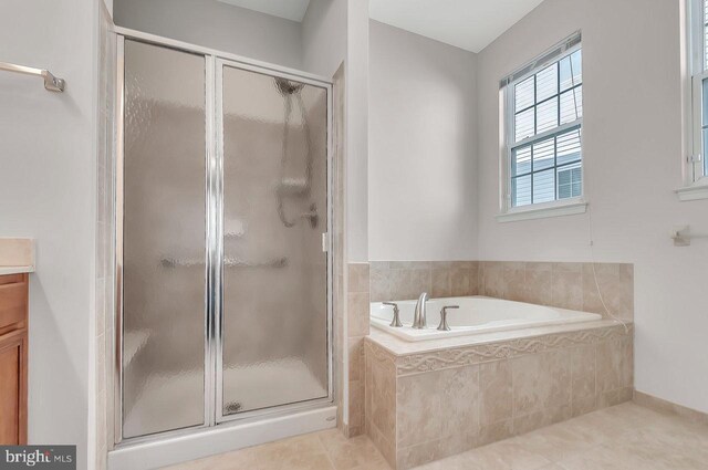 14 Goddard Dr, Cranbury, NJ 08512 - bathroom with a garden tub, a stall shower, vanity, and tile patterned flooring