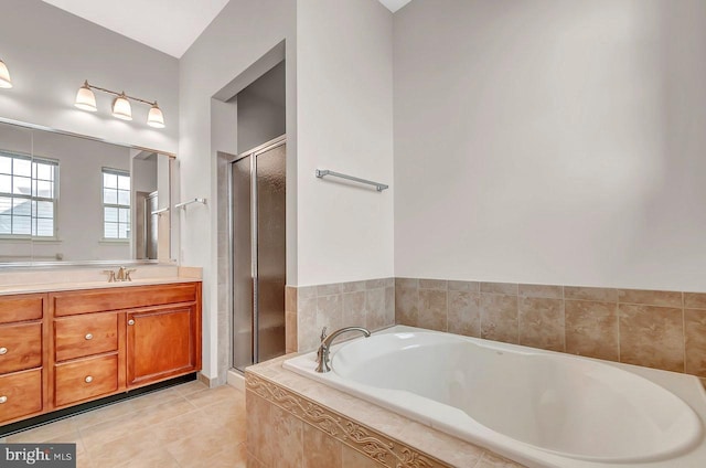 14 Goddard Dr, Cranbury, NJ 08512 - bathroom with vanity, a stall shower, a garden tub, and tile patterned floors